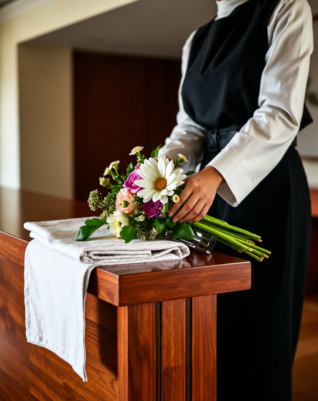 Hotel staff member arranging flowers and linen at a reception counter